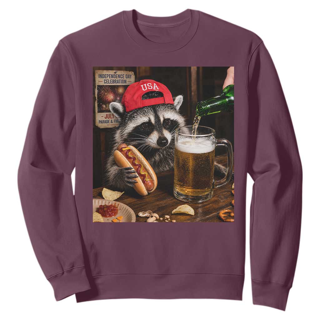 Patriotic USA Raccoon Drinking Beer Sweatshirt 4th of July Meme TS14 Maroon Print Your Wear