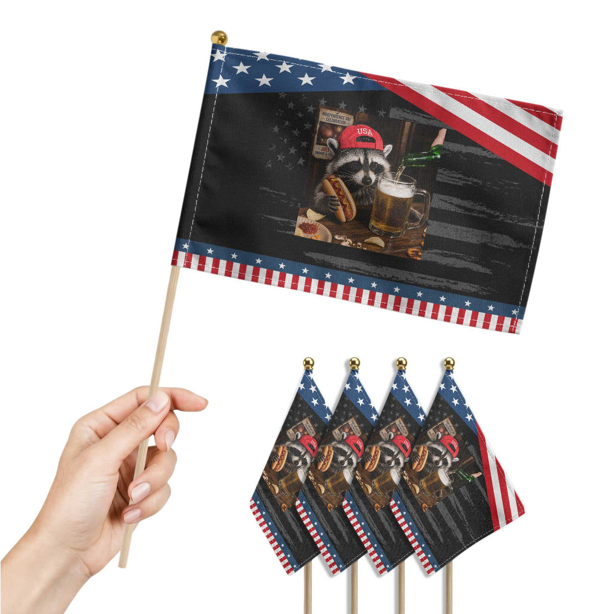 Raccoon Drinking Beer Patriotic Handheld Flag 4th of July Meme TS14 Print Your Wear