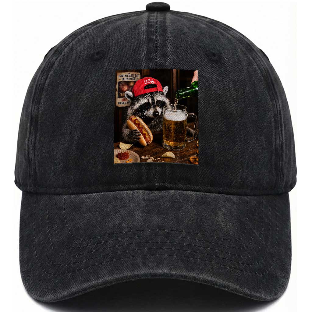 Patriotic USA Raccoon Drinking Beer Washed Cotton Baseball Cap 4th of July Meme TS14 Print Your Wear