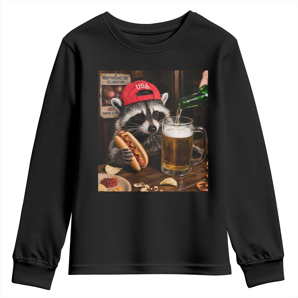 Patriotic USA Raccoon Drinking Beer Youth Sweatshirt 4th of July Meme TS14 Black Print Your Wear