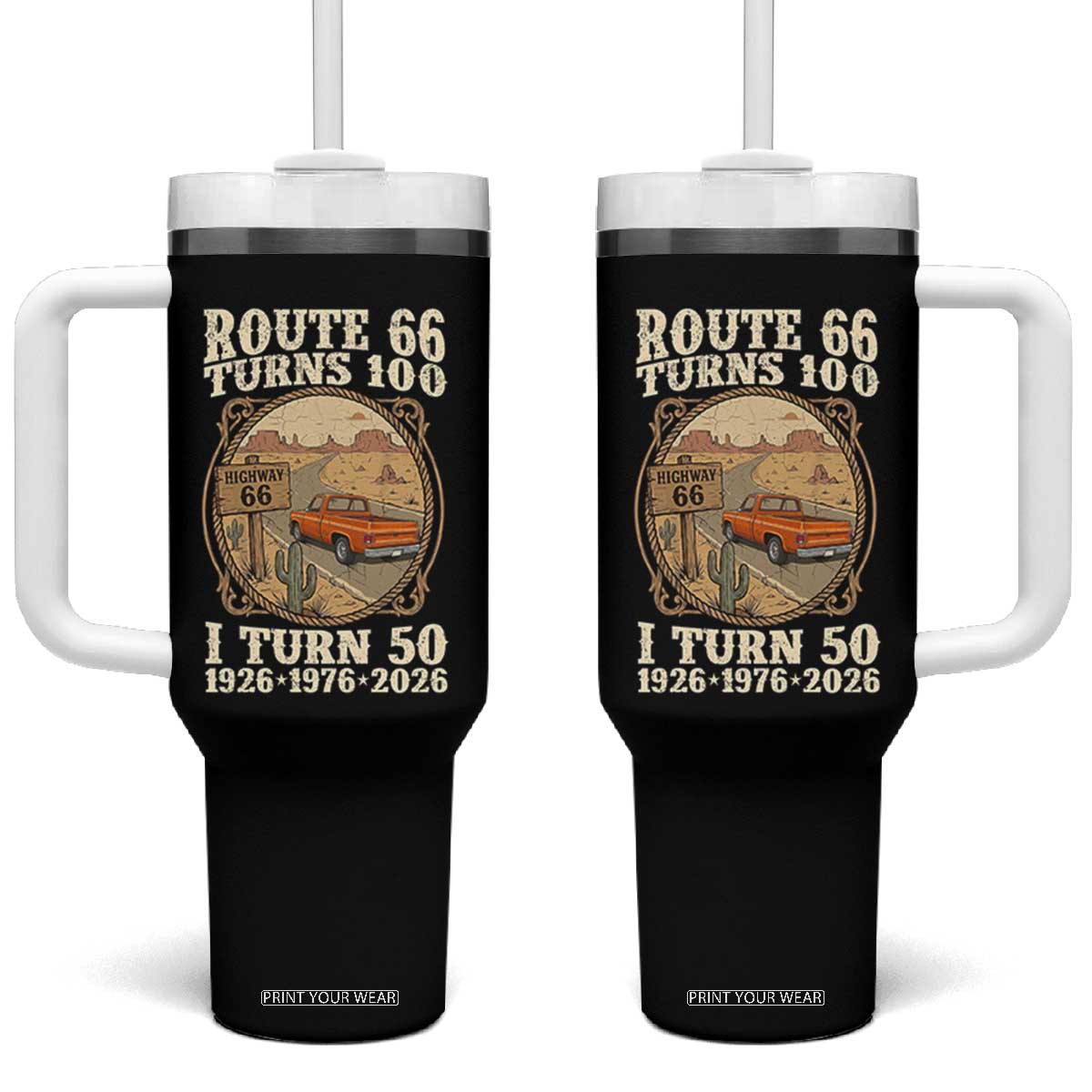 Route Highway 66 Turns 100 I Turn 50 Tumbler With Handle Vintage 1976 Road Sign Classic Pickup Truck Lover 50th Birthday Gift TS14 One Size: 40 oz Black Print Your Wear