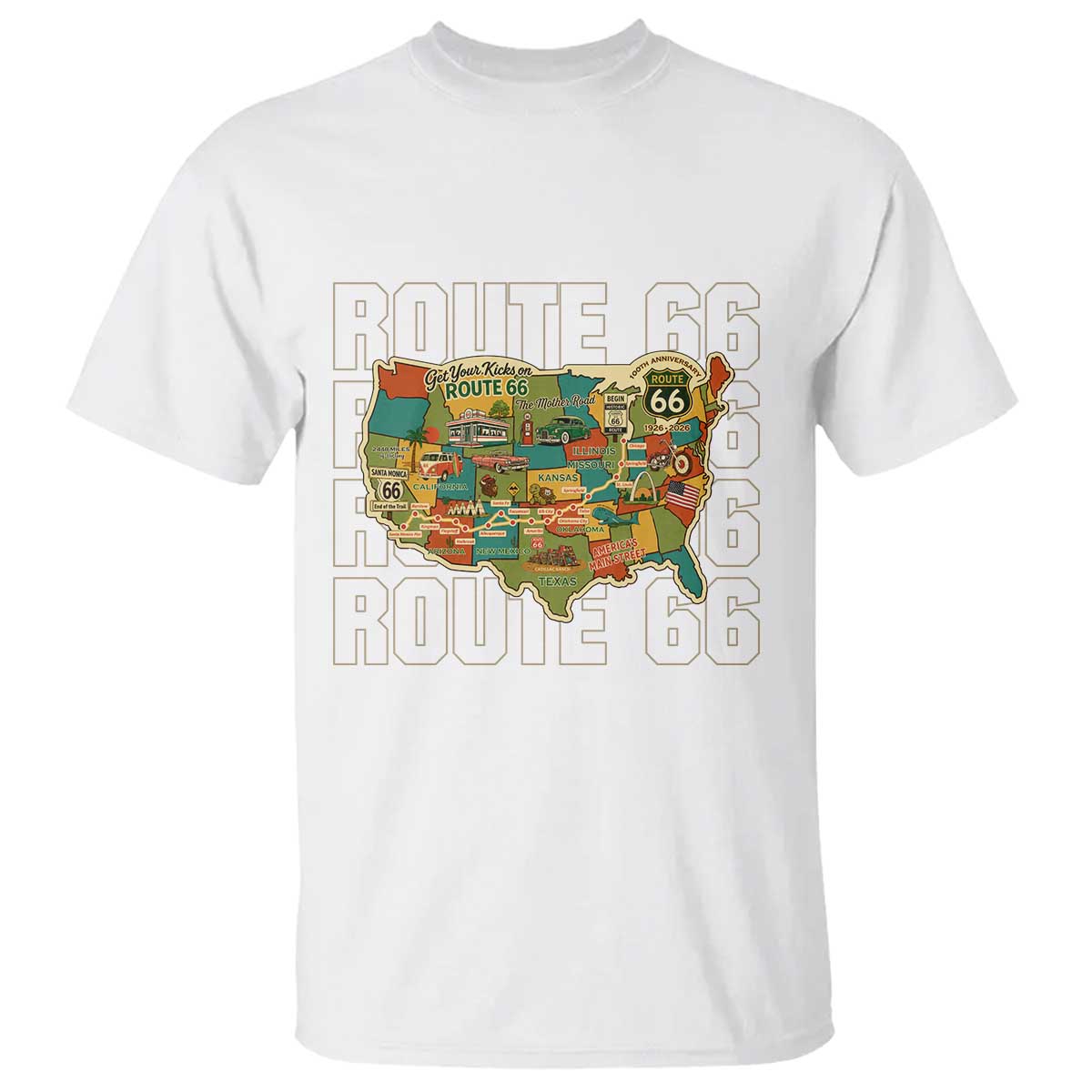 Route Highway 66 Travel Map 100th Anniversary 1926-2026 T Shirt Vintage Americana Centennial Road Trip Souvenir TS14 White Print Your Wear