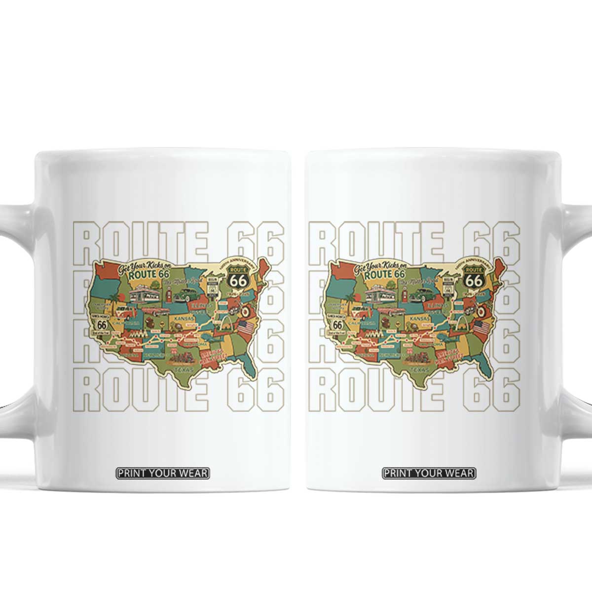 Route Highway 66 Travel Map 100th Anniversary 1926-2026 Coffee Mug Vintage Americana Centennial Road Trip Souvenir TS14 White Print Your Wear