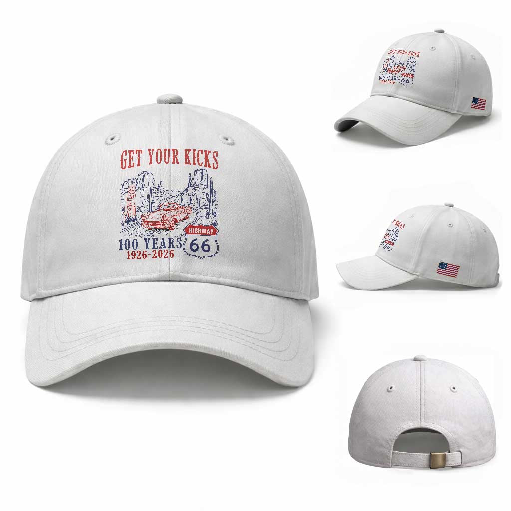 Route Highway 66 Get Your Kicks Centennial Road Trip 1926-2026 Baseball Cap TS14 Baseball Cap Universal Fit White Print Your Wear