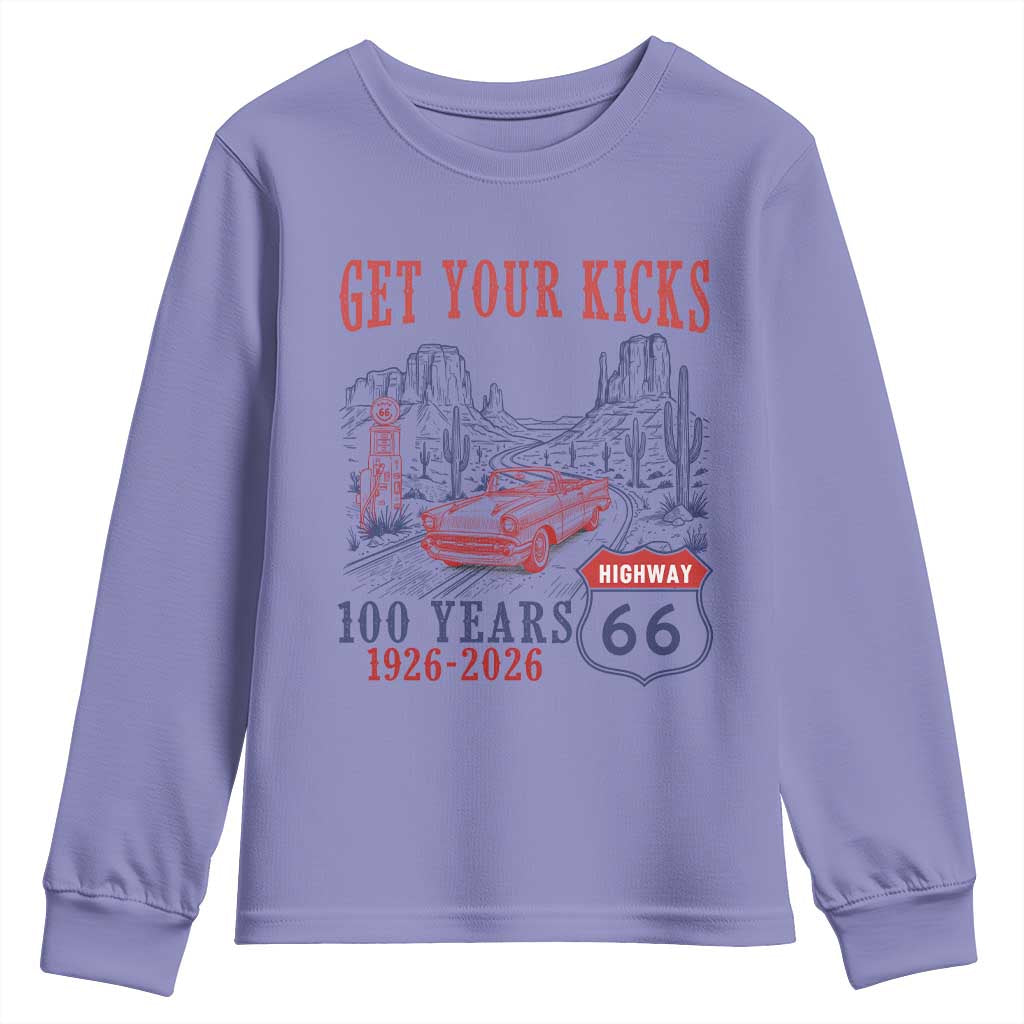 Route Highway 66 Get Your Kicks Centennial Road Trip 1926-2026 Youth Sweatshirt TS14 Violet Print Your Wear