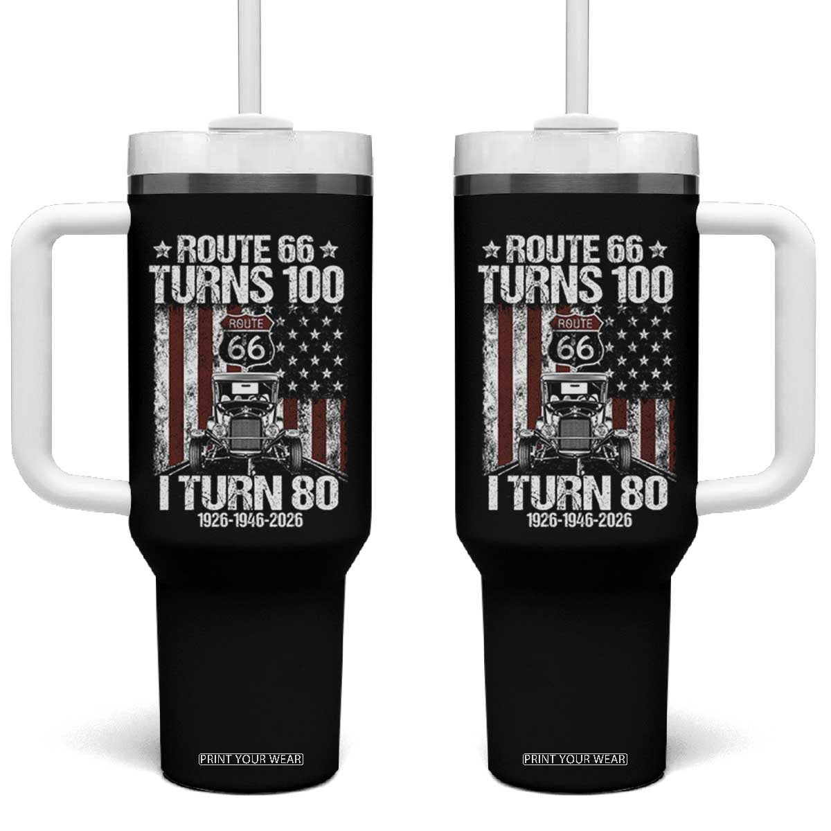 Route Highway 66 Turns 100 I Turn 80 Tumbler With Handle Vintage 1946 America Road Sign America Antique Car Lover 80th Birthday Gift TS14 One Size: 40 oz Black Print Your Wear