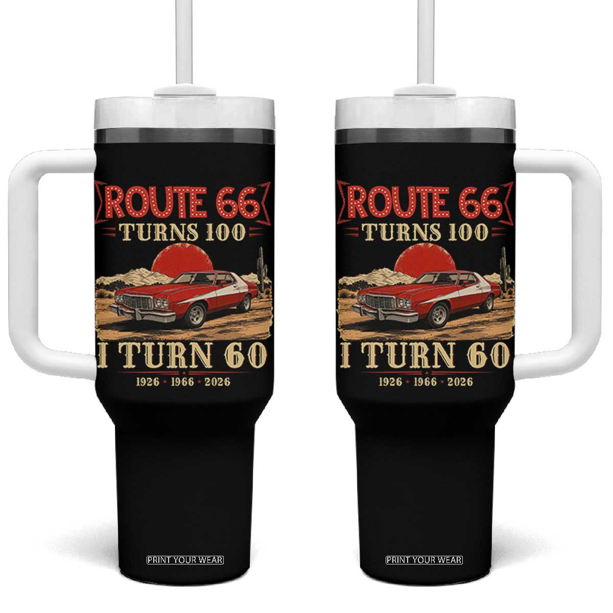 Route Highway 66 Turns 100 I Turn 60 Tumbler With Handle Vintage 1966 Road Sign 60th Birthday Muscle Car Lover Gift TS14 One Size: 40 oz Black Print Your Wear