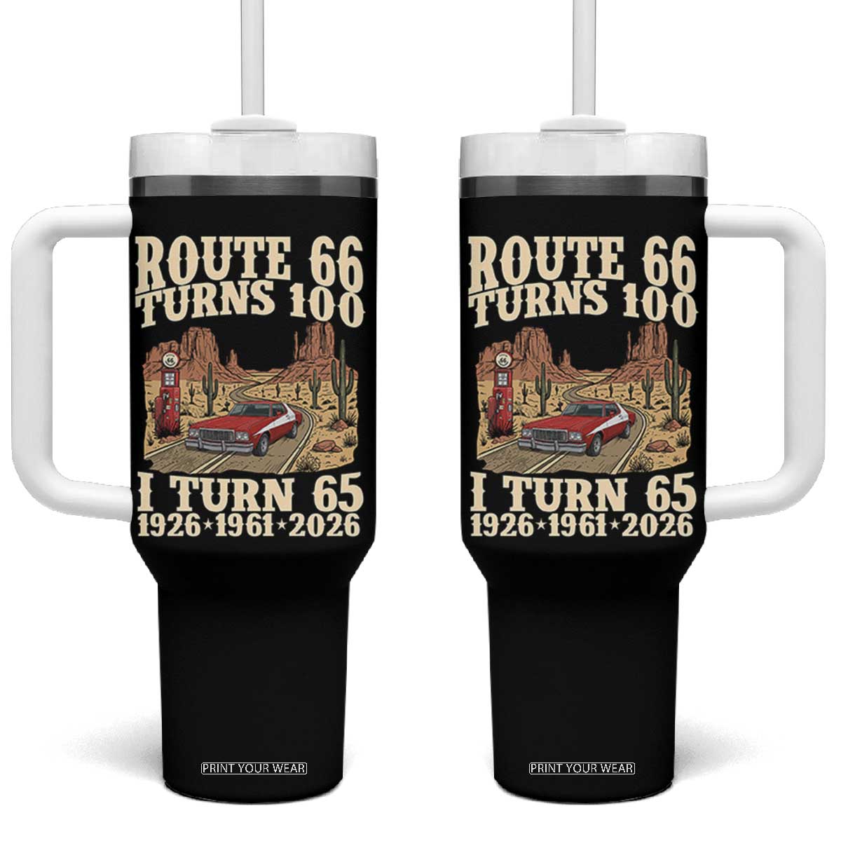 Route Highway 66 Turns 100 I Turn 65 Tumbler With Handle Vintage 1961 Road Sign American Muscle Car Lover 65th Birthday Gift TS14 One Size: 40 oz Black Print Your Wear
