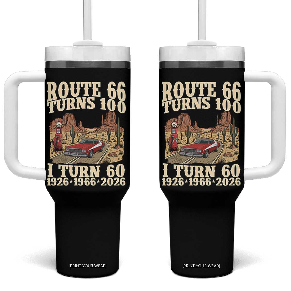 Route Highway 66 Turns 100 I Turn 60 Tumbler With Handle Vintage 1966 Road Sign American Muscle Car Lover 60th Birthday Gift TS14 One Size: 40 oz Black Print Your Wear