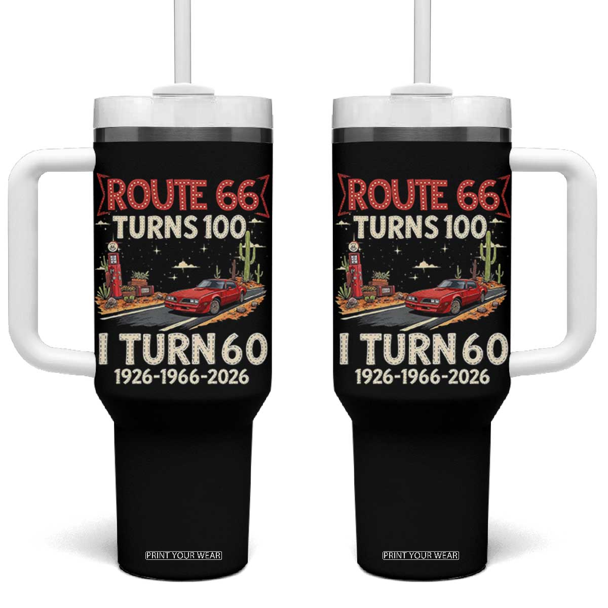 Route Highway 66 Turns 100 I Turn 60 Tumbler With Handle Vintage 1966 Road Sign Classic Muscle Car Lover 60th Birthday Gift TS14 One Size: 40 oz Black Print Your Wear