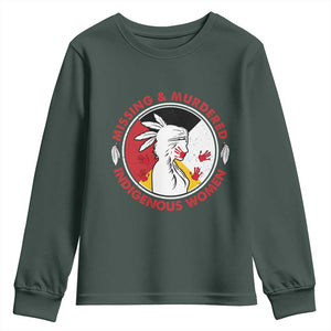 MMIW Missing and Murdered Indigenous Women Red Hand Youth Sweatshirt TS14 Dark Forest Green Print Your Wear