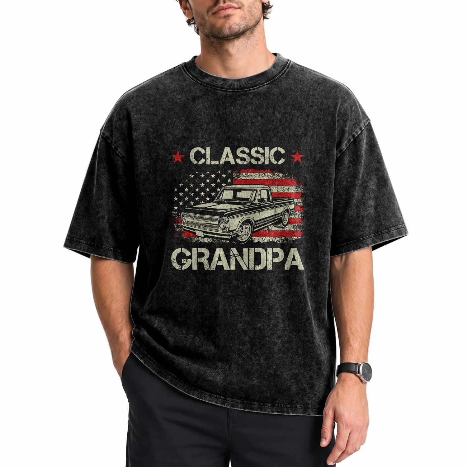 Grandpa Classic Pickup Truck Patriotic American Flag 4th of July Washed Cotton T-Shirt