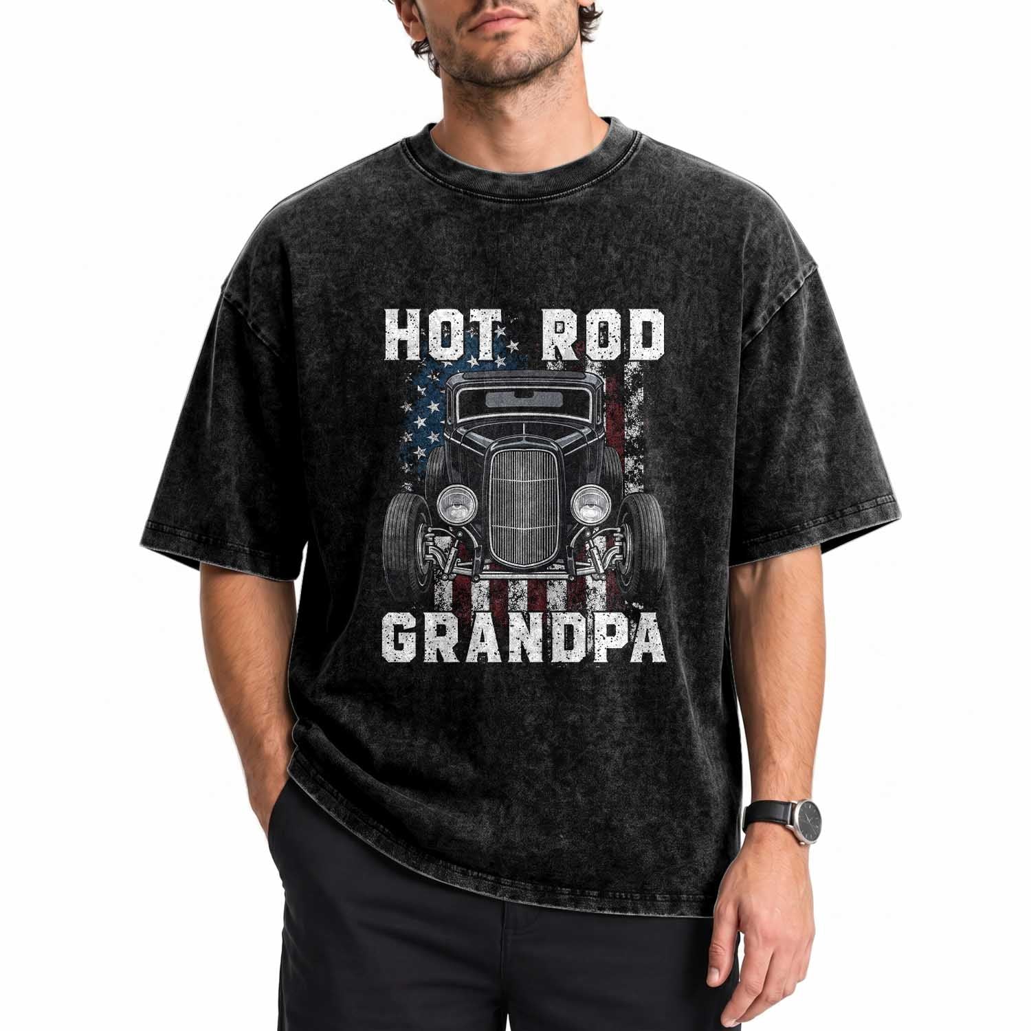 Hot Rod Grandpa Washed Cotton T-Shirt Vintage 1932 Classic Hot Rod Coupe American Flag