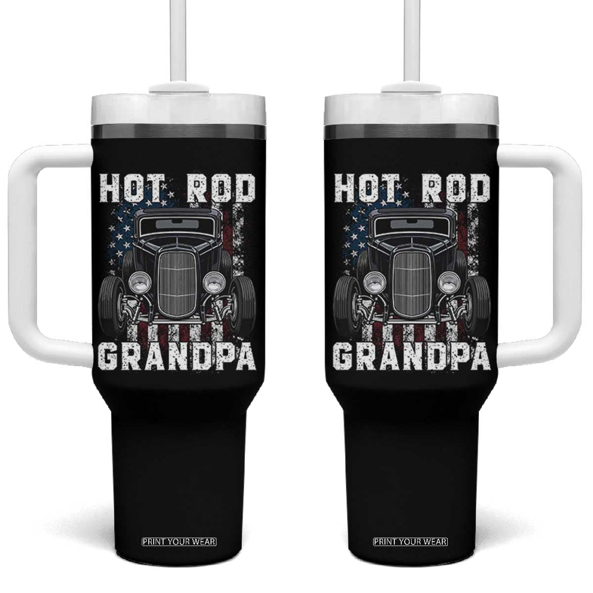 Hot Rod Grandpa Tumbler With Handle Vintage 1932 Classic Hot Rod Coupe American Flag