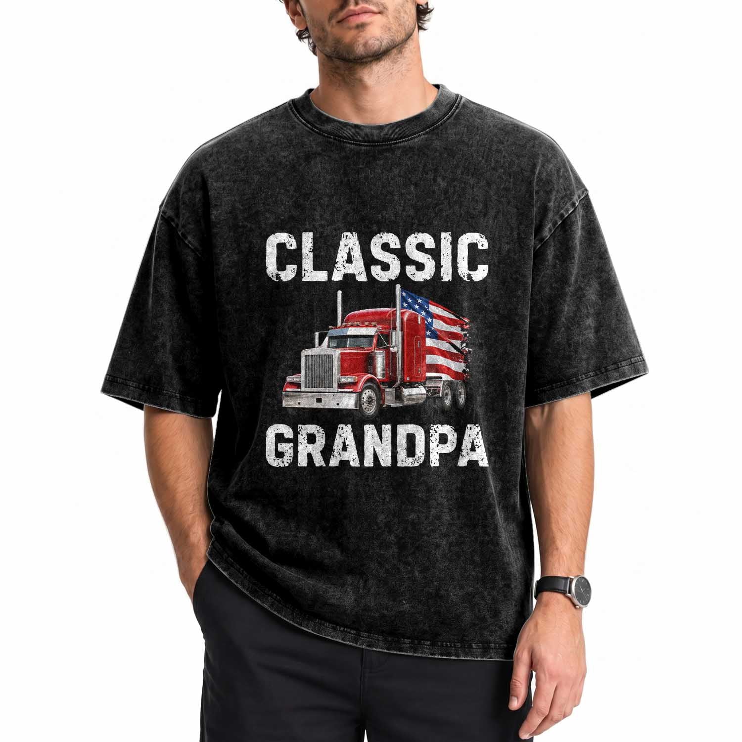 Grandpa Classic Car Patriotic American Flag 4th of July Washed Cotton T-Shirt Vintage Class 8 Semi Truck