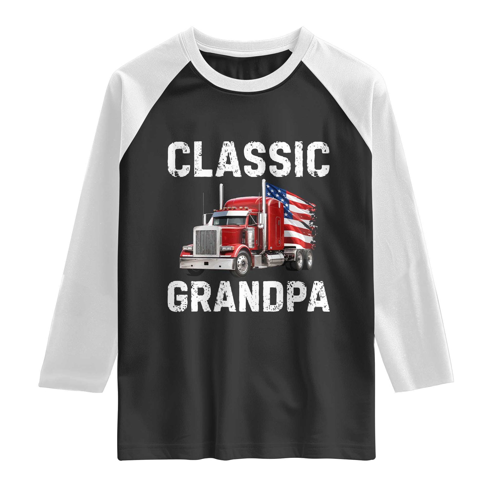 Grandpa Classic Car Patriotic American Flag 4th of July Raglan Shirt Vintage Class 8 Semi Truck