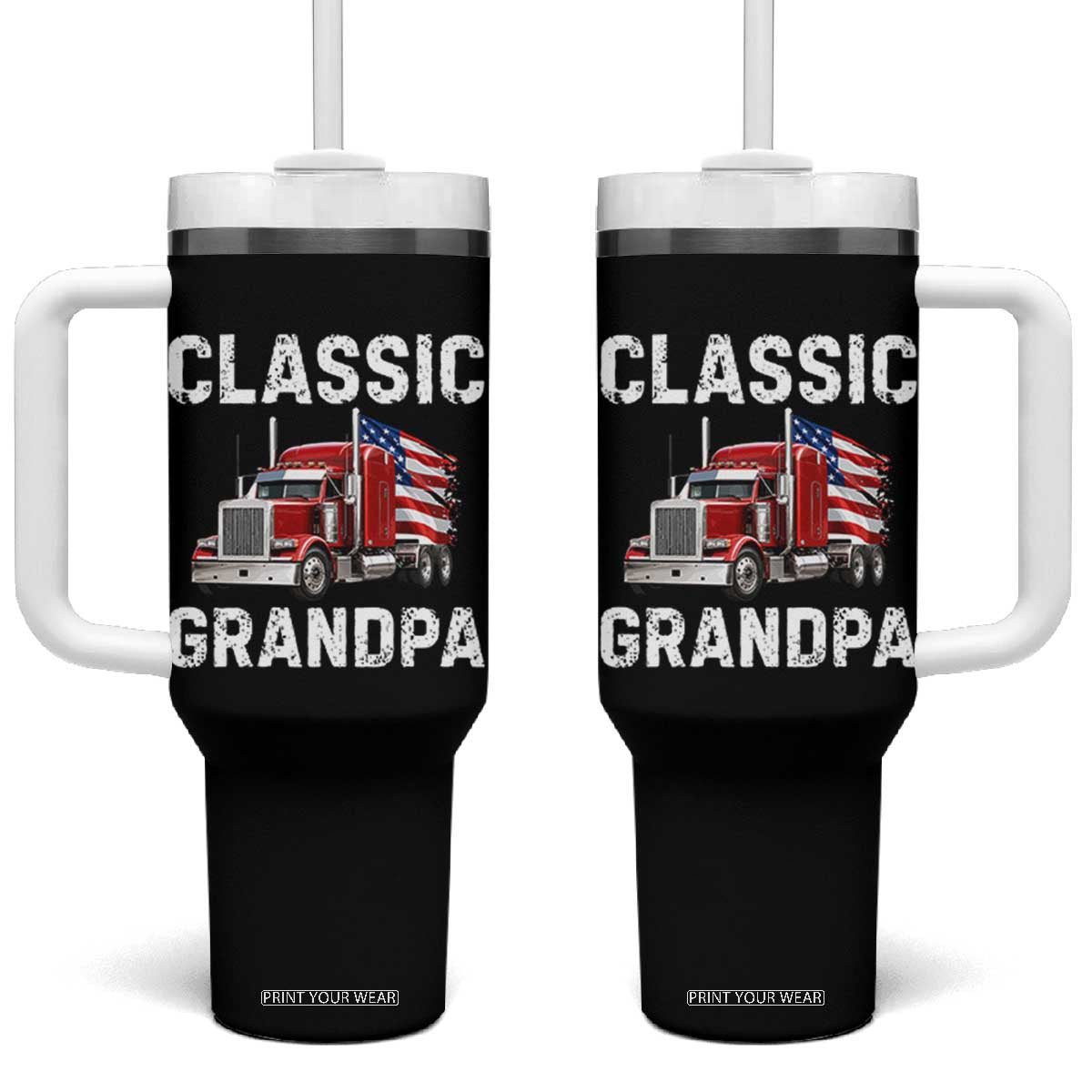 Grandpa Classic Car Patriotic American Flag 4th of July Tumbler With Handle Vintage Class 8 Semi Truck