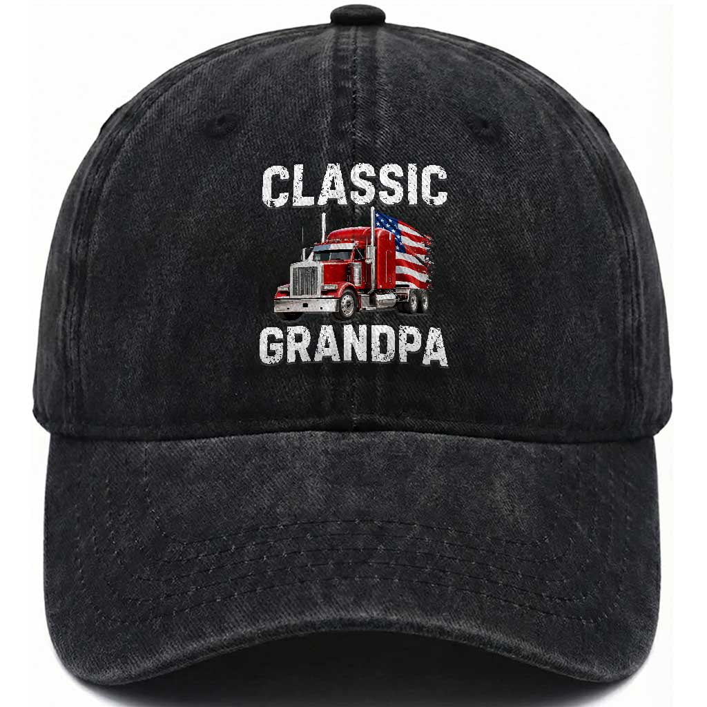 Grandpa Classic Car Patriotic American Flag 4th of July Washed Cotton Baseball Cap Vintage Class 8 Semi Truck