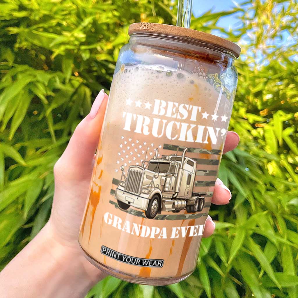 Best Truckin Grandpa Ever Glass Can Trucker Camouflage American Flag Truck Driver Vintage Big Rig Semi Truck