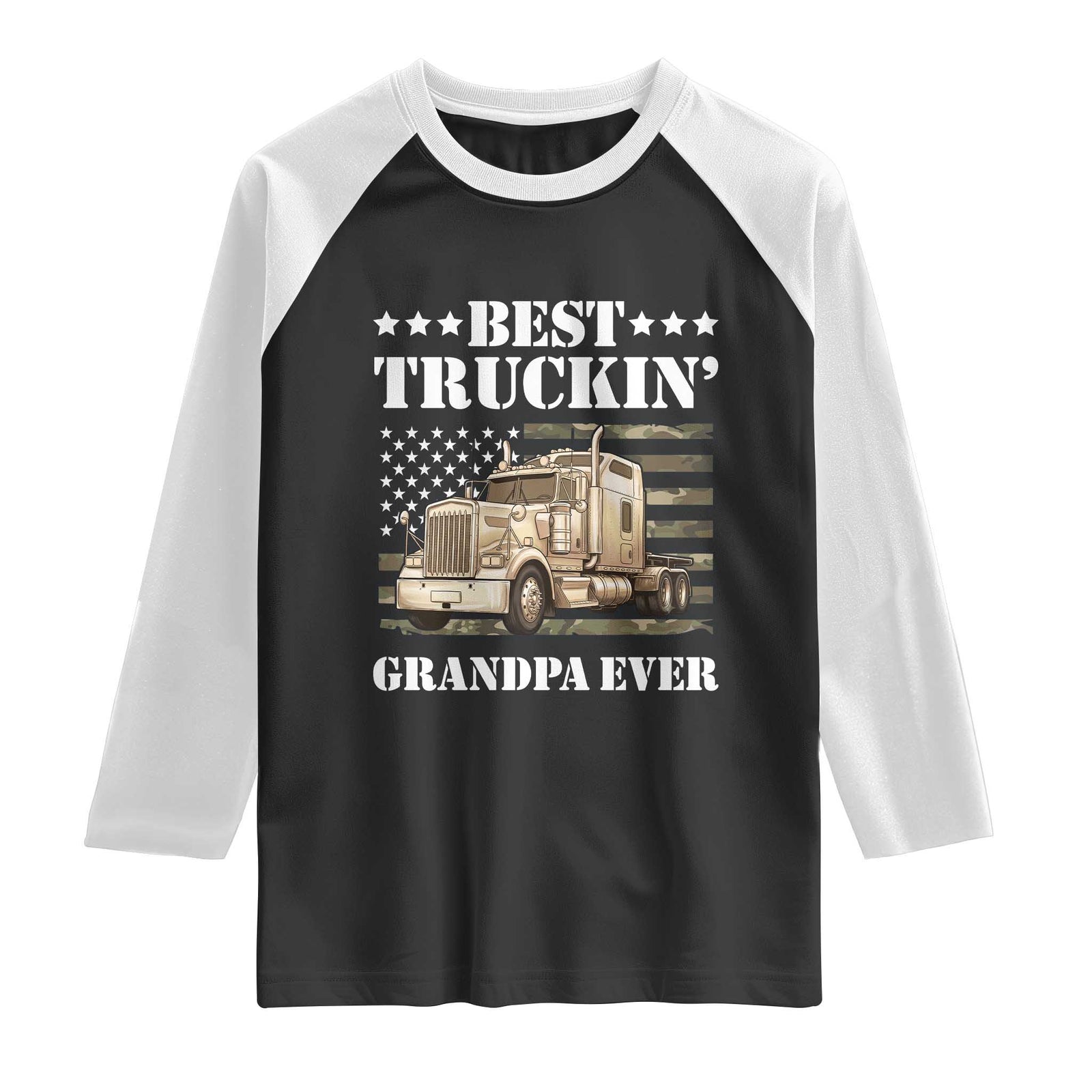 Best Truckin Grandpa Ever Raglan Shirt Trucker Camouflage American Flag Truck Driver Vintage Big Rig Semi Truck