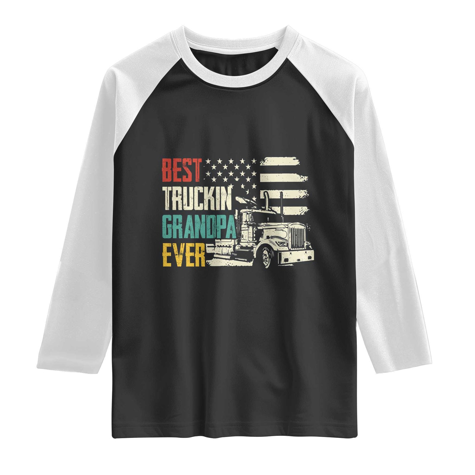 Best Truckin Grandpa Ever USA Flag Semi Truck Driver Gift Raglan Shirt