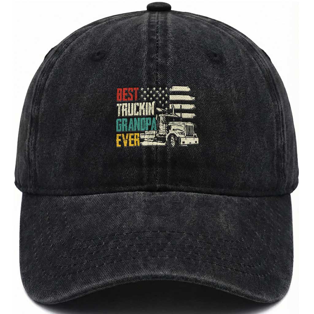 Best Truckin Grandpa Ever USA Flag Semi Truck Driver Gift Washed Cotton Baseball Cap