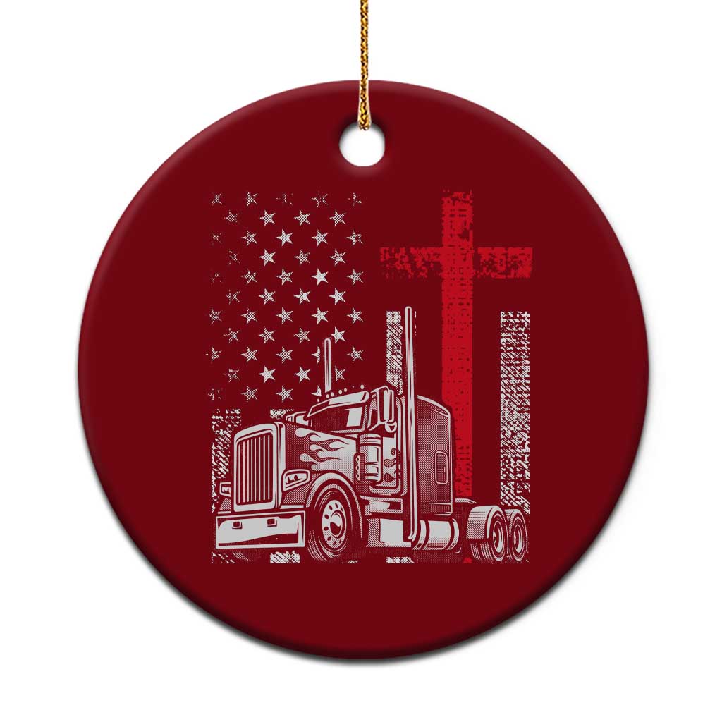 Semi Truck American Flag Christian Truck Driver Patriotic Ceramic Ornament