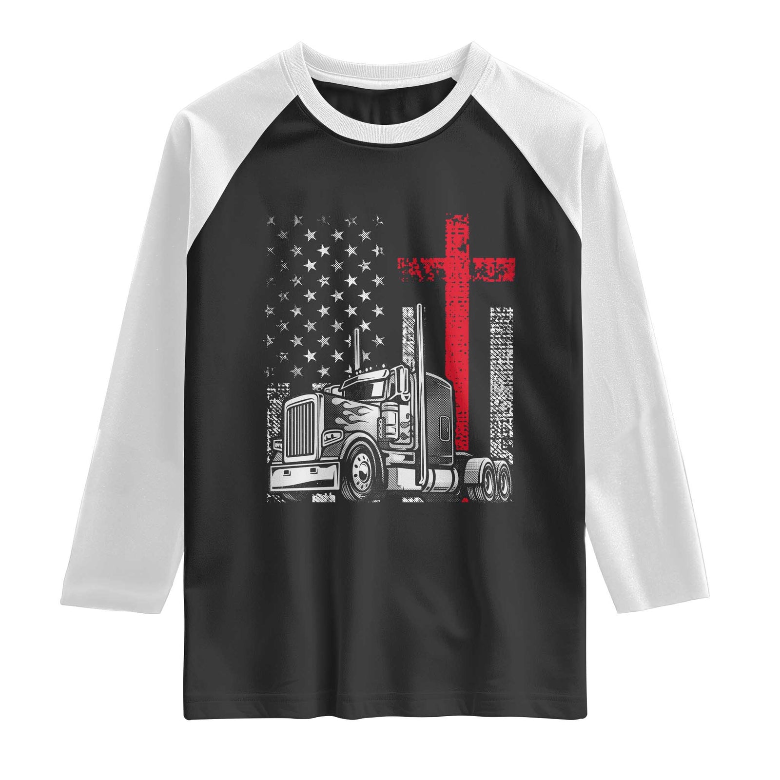 Semi Truck American Flag Christian Truck Driver Patriotic Raglan Shirt