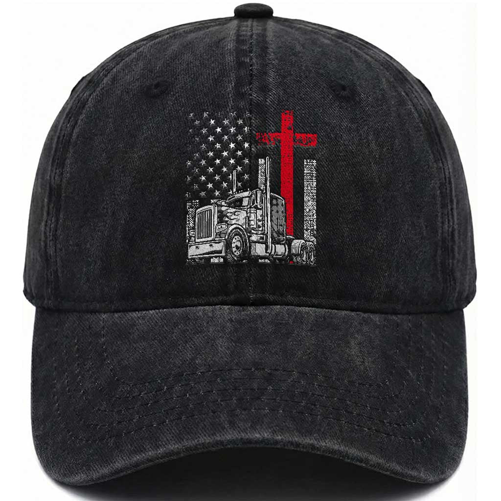 Semi Truck American Flag Christian Truck Driver Patriotic Washed Cotton Baseball Cap