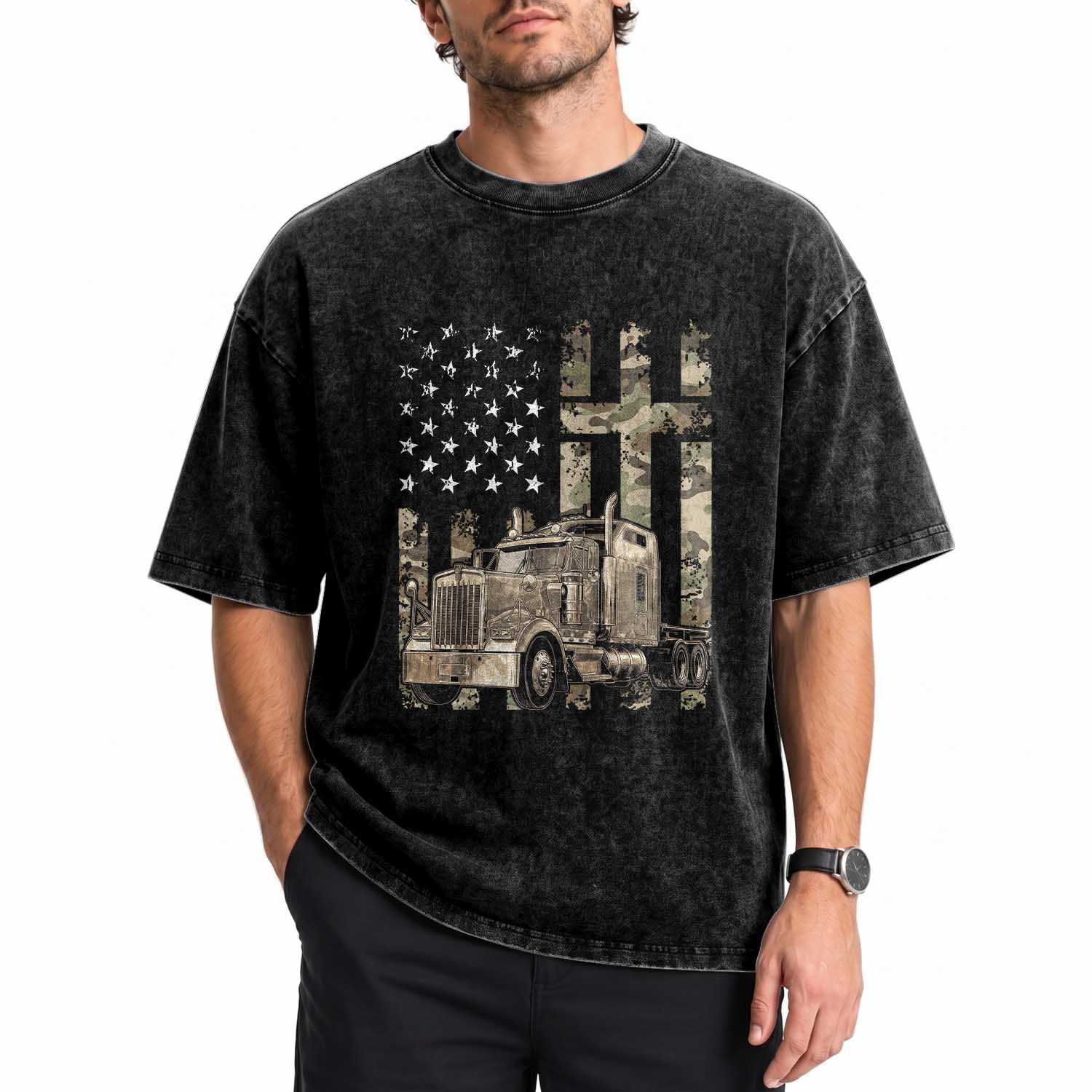 Trucker Camouflage American Flag Patriotic Christian Truck Driver Washed Cotton T-Shirt