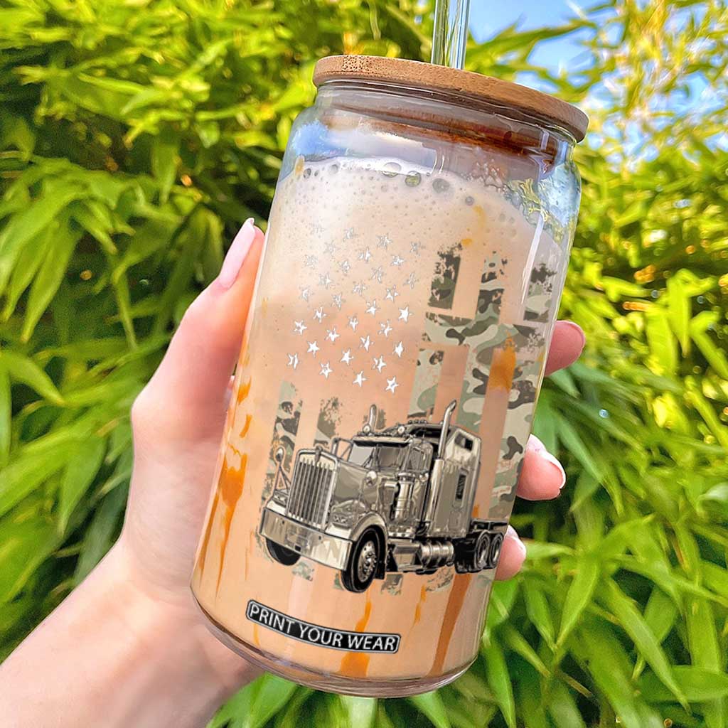 Trucker Camouflage American Flag Patriotic Christian Truck Driver Glass Can