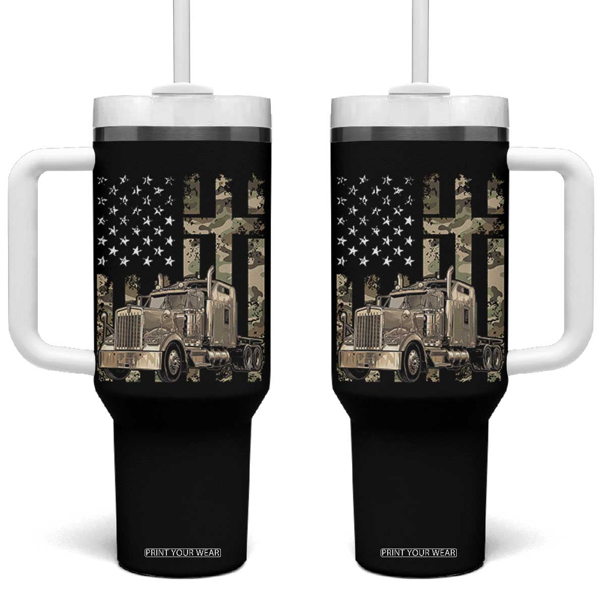 Trucker Camouflage American Flag Patriotic Christian Truck Driver Tumbler With Handle