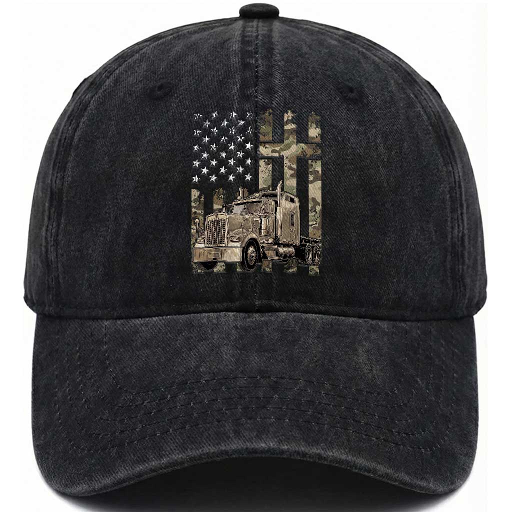 Trucker Camouflage American Flag Patriotic Christian Truck Driver Washed Cotton Baseball Cap
