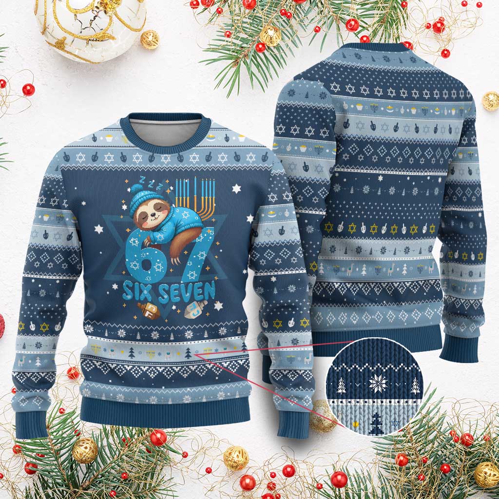 67 Six Seven Chanukkah Meme Hanukkah Ugly Sweater Funny Lazy Sloth TS14 Navy Light Blue Print Your Wear