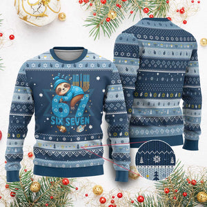 67 Six Seven Chanukkah Meme Hanukkah Ugly Sweater Funny Lazy Sloth TS14 Navy Light Blue Print Your Wear
