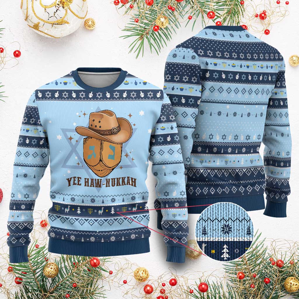 Yee Haw Nukkah Hanukkah Ugly Sweater Funny Cowboy Hanukkah TS14 Light Blue Navy Print Your Wear