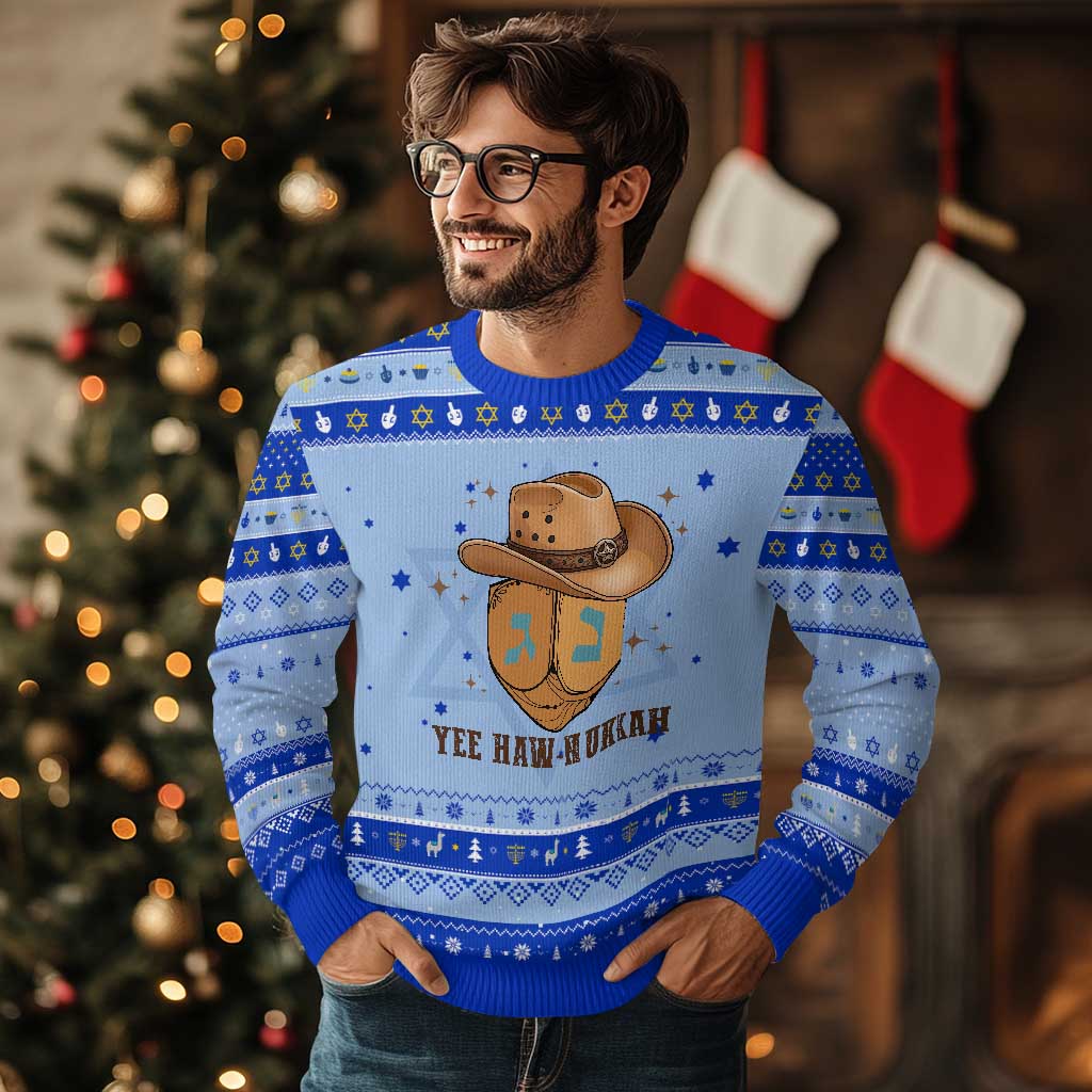Yee Haw Nukkah Hanukkah Ugly Sweater Funny Cowboy Hanukkah TS14 Light Blue Royal Blue Print Your Wear