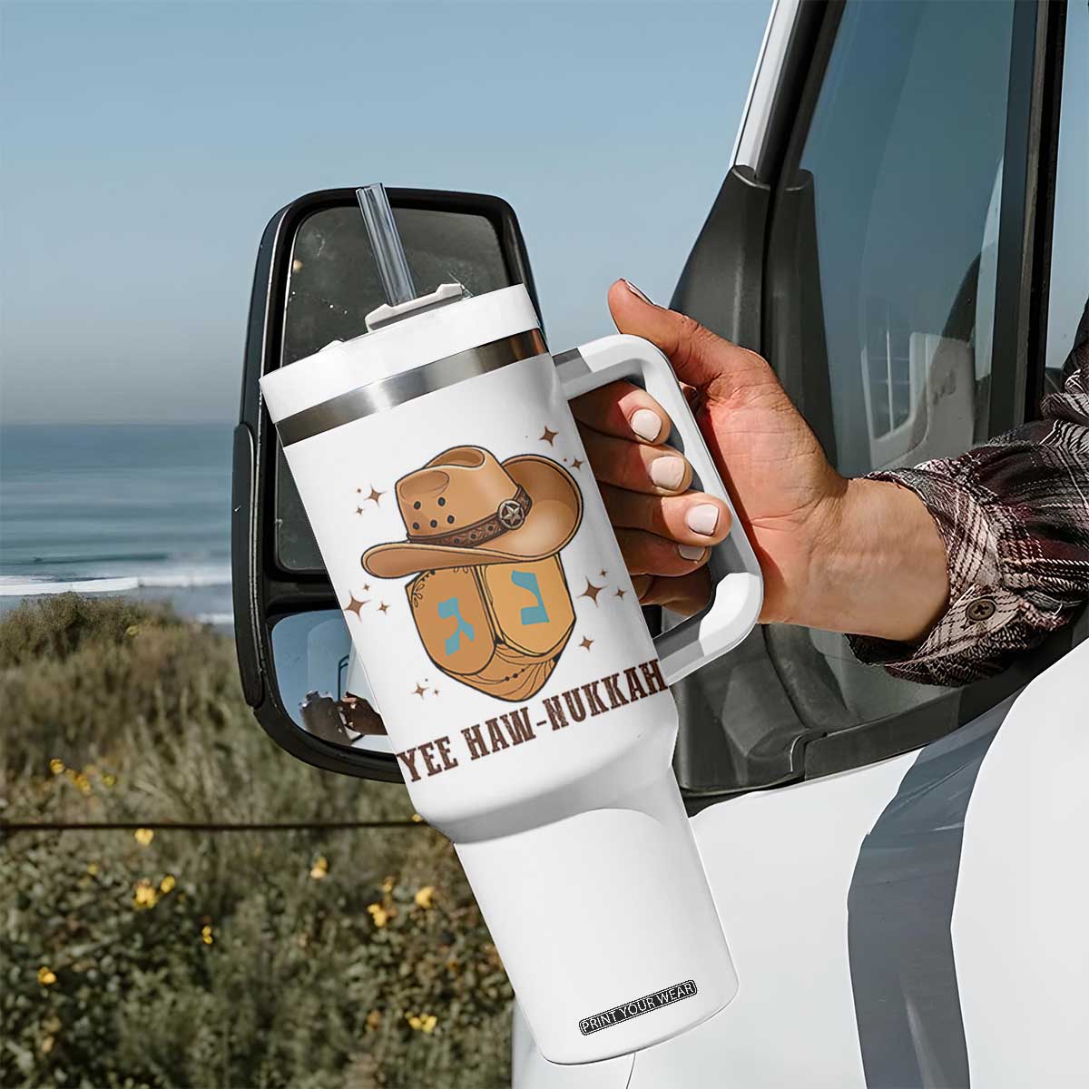 Yee Haw Nukkah Tumbler With Handle Funny Cowboy Hanukkah TS14 Print Your Wear