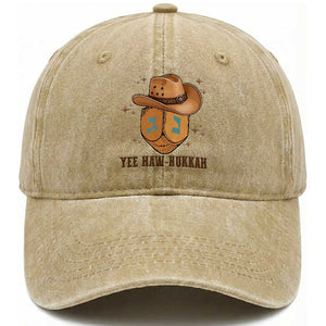 Yee Haw Nukkah Washed Cotton Baseball Cap Funny Cowboy Hanukkah TS14 Washed Cap Universal Fit Khaki Print Your Wear