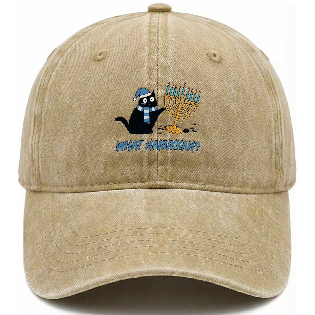 Funny Black Cat Hanukkah Chanukah Washed Cotton Baseball Cap TS14 Washed Cap Universal Fit Khaki Print Your Wear