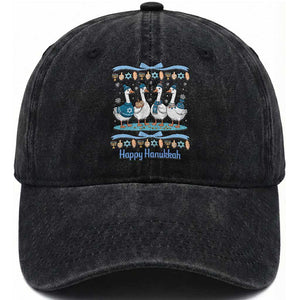 Happy Hanukkah Washed Cotton Baseball Cap Funny Silly Goose Chanukah TS14 Washed Cap Universal Fit Black Print Your Wear