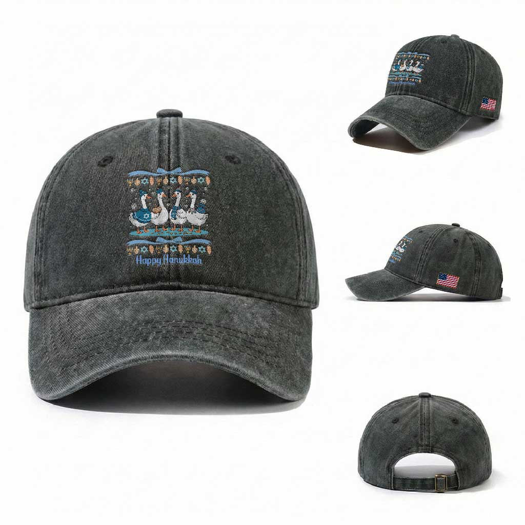 Happy Hanukkah Washed Cotton Baseball Cap Funny Silly Goose Chanukah TS14 Washed Cap Universal Fit Dark Green Print Your Wear