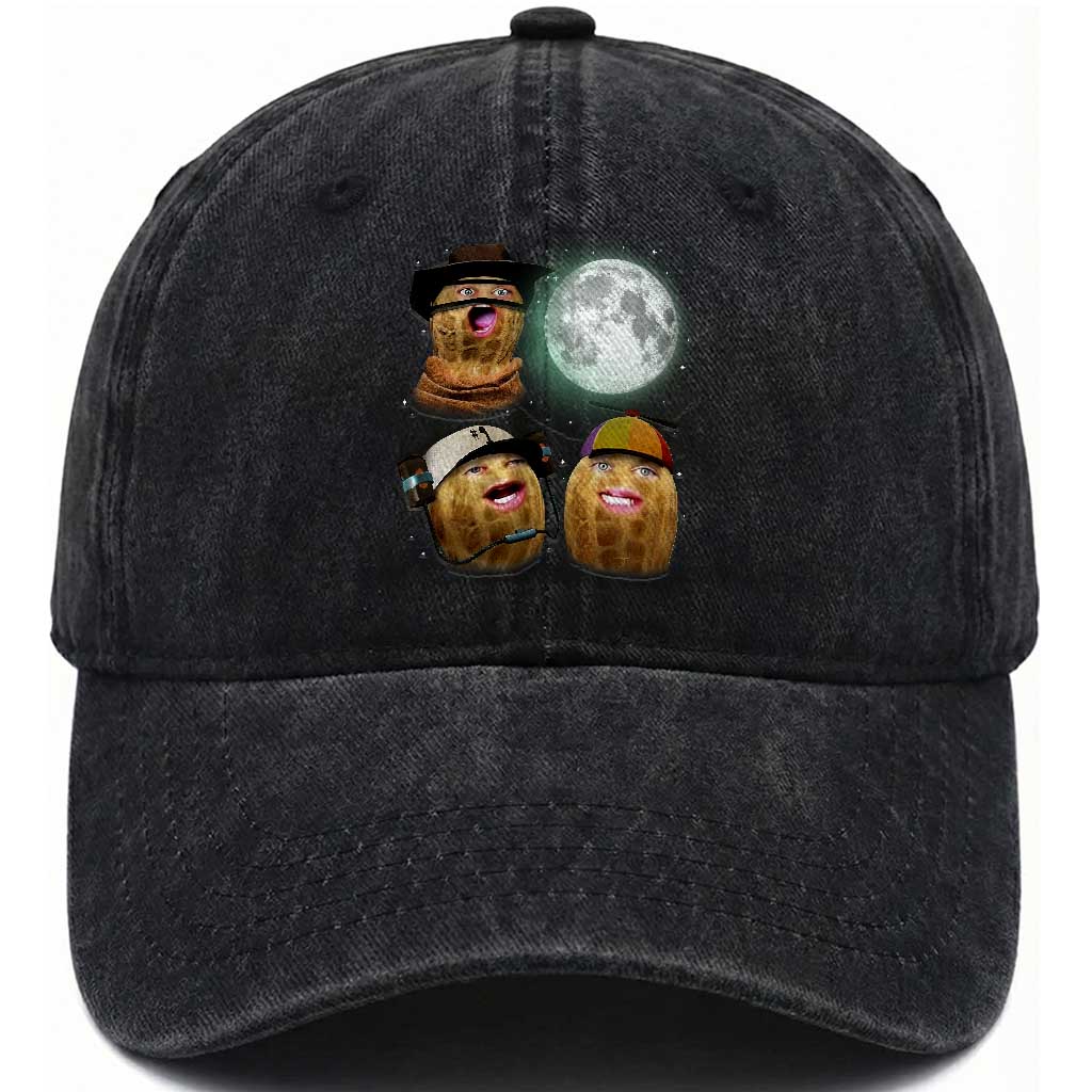 Funny Burnt Peanut Howling at the Moon Washed Cotton Baseball Cap TS14 Washed Cap Universal Fit Black Print Your Wear