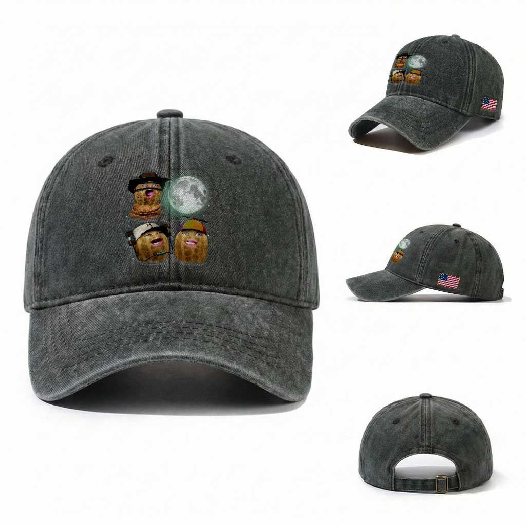 Funny Burnt Peanut Howling at the Moon Washed Cotton Baseball Cap TS14 Washed Cap Universal Fit Dark Green Print Your Wear