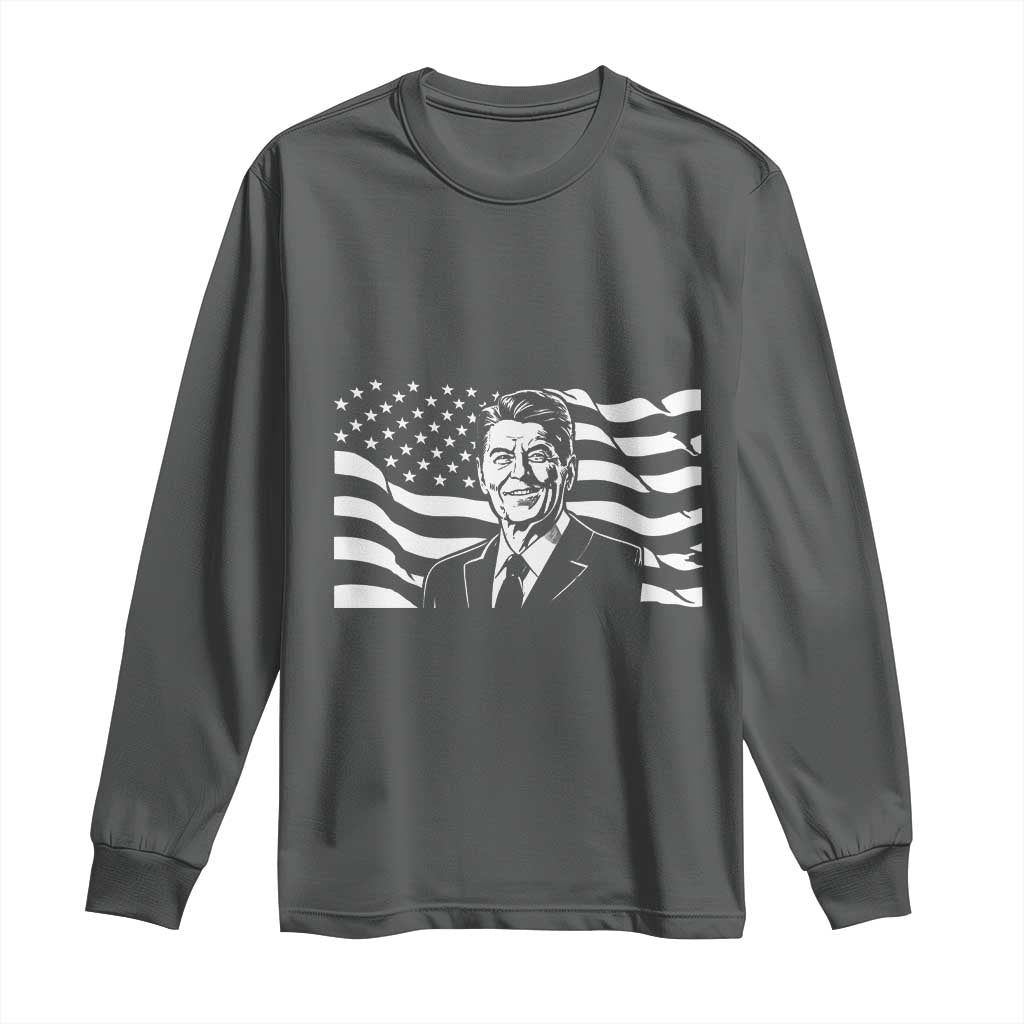 Ronald Reagan America Flag US President Long Sleeve Shirt TS14 Dark Heather Print Your Wear