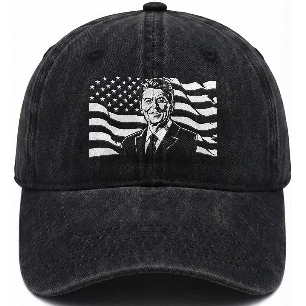 Ronald Reagan America Flag US President Washed Cotton Baseball Cap TS14 Washed Cap Universal Fit Black Print Your Wear