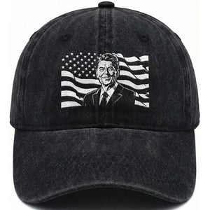 Ronald Reagan America Flag US President Washed Cotton Baseball Cap TS14 Washed Cap Universal Fit Black Print Your Wear