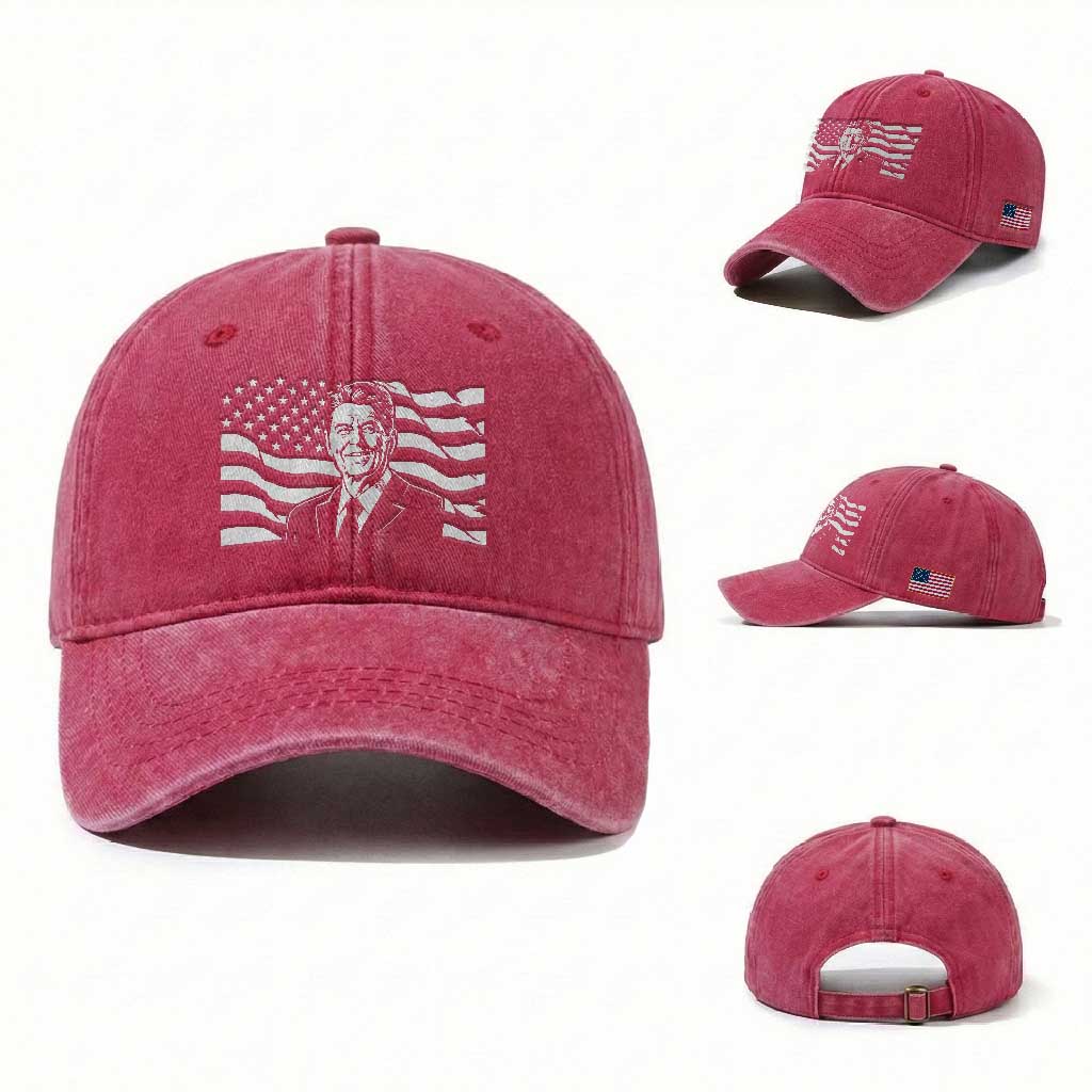 Ronald Reagan America Flag US President Washed Cotton Baseball Cap TS14 Washed Cap Universal Fit Red Print Your Wear