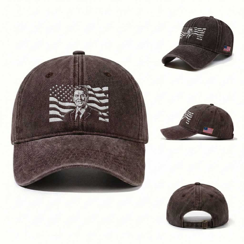 Ronald Reagan America Flag US President Washed Cotton Baseball Cap TS14 Washed Cap Universal Fit Dark Brown Print Your Wear