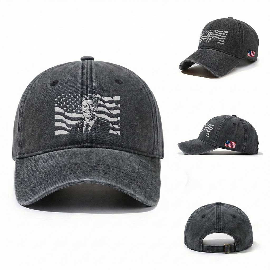 Ronald Reagan America Flag US President Washed Cotton Baseball Cap TS14 Washed Cap Universal Fit Dark Gray Print Your Wear